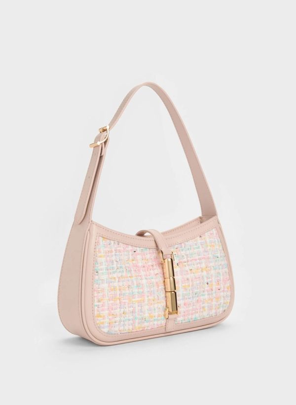 Cesia Metallic Accent Tweed Shoulder Bag – Pink