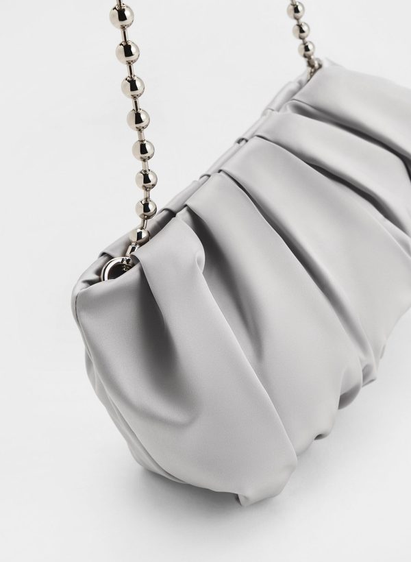 Satin Ruched Bead-Handle Bag – Silver
