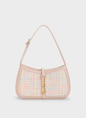 Cesia Metallic Accent Tweed Shoulder Bag – Pink