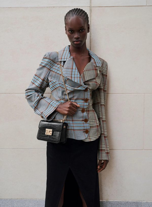 Croc-Effect Chain Strap Crossbody Bag – Black