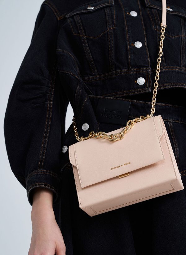 Front Flap Chain Handle Crossbody Bag – Light Pink