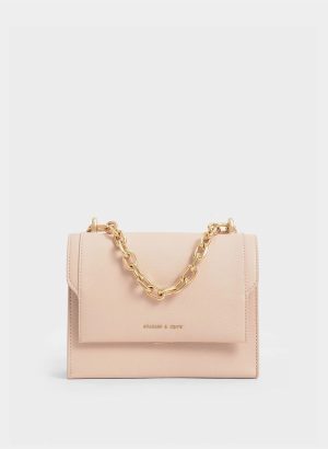 Front Flap Chain Handle Crossbody Bag – Light Pink