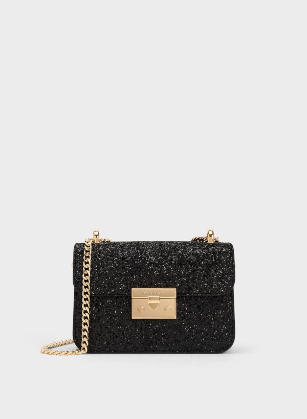 Glittered Push-Lock Chain-Handle Bag – Black
