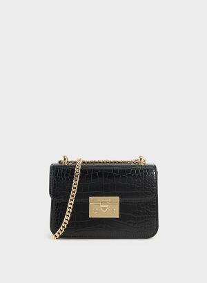 Croc-Effect Chain Strap Crossbody Bag – Black