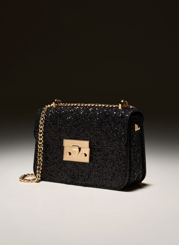 Glittered Push-Lock Chain-Handle Bag – Black