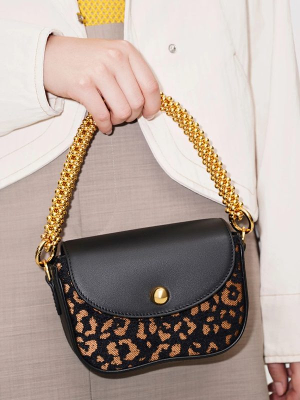 Beaded Metallic Handle Sculptural Bag – Animal Print Black