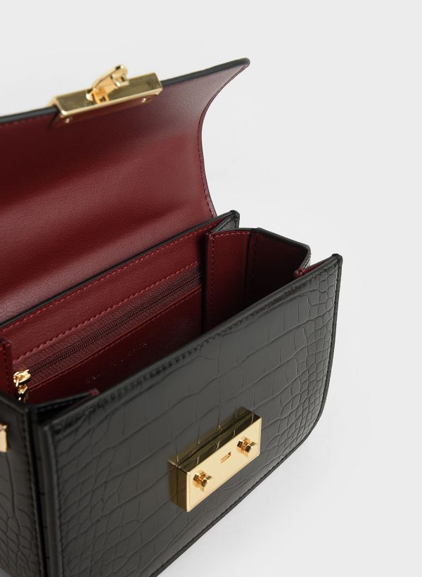 Croc-Effect Chain Strap Crossbody Bag – Black