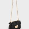Glittered Push-Lock Chain-Handle Bag – Black