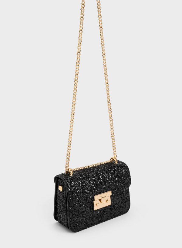 Glittered Push-Lock Chain-Handle Bag – Black
