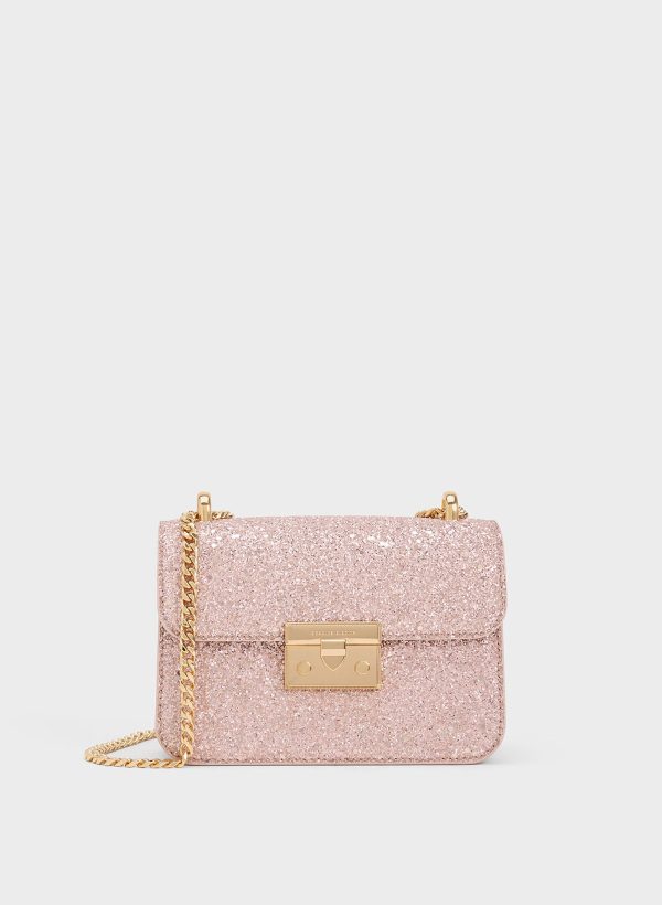 Glittered Push-Lock Chain-Handle Bag – Blush