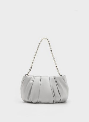 Satin Ruched Bead-Handle Bag – Silver