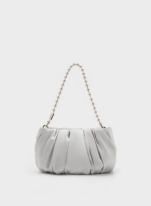 Satin Ruched Bead-Handle Bag – Silver