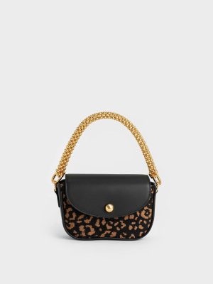 Beaded Metallic Handle Sculptural Bag – Animal Print Black