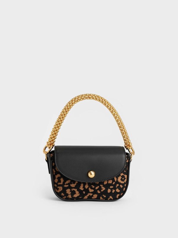 Beaded Metallic Handle Sculptural Bag – Animal Print Black