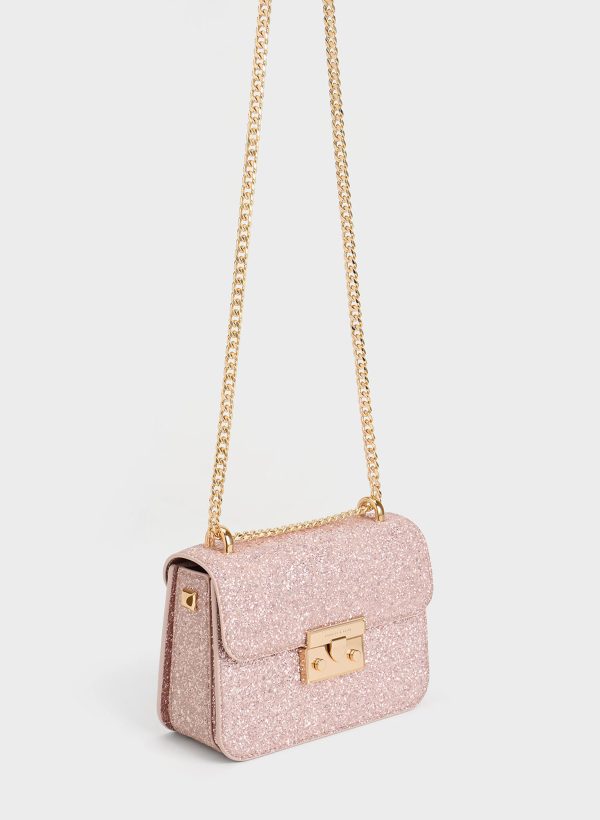Glittered Push-Lock Chain-Handle Bag – Blush