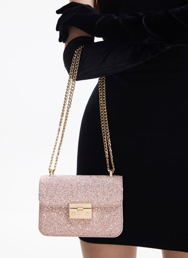 Glittered Push-Lock Chain-Handle Bag – Blush