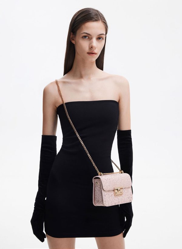 Glittered Push-Lock Chain-Handle Bag – Blush