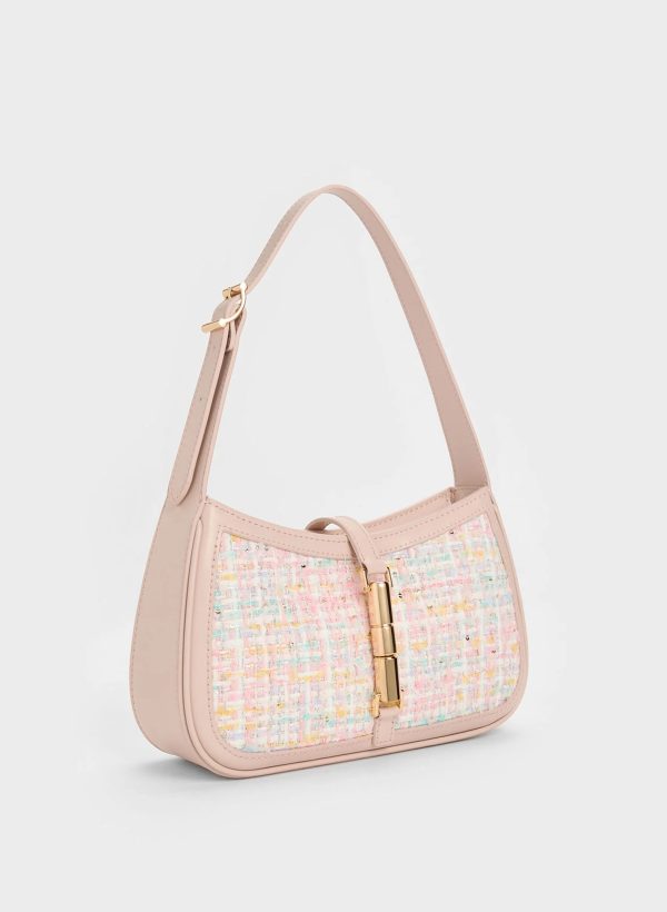 Cesia Metallic Accent Tweed Shoulder Bag – Pink