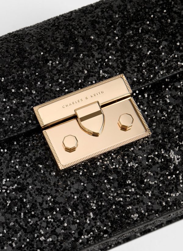 Glittered Push-Lock Chain-Handle Bag – Black